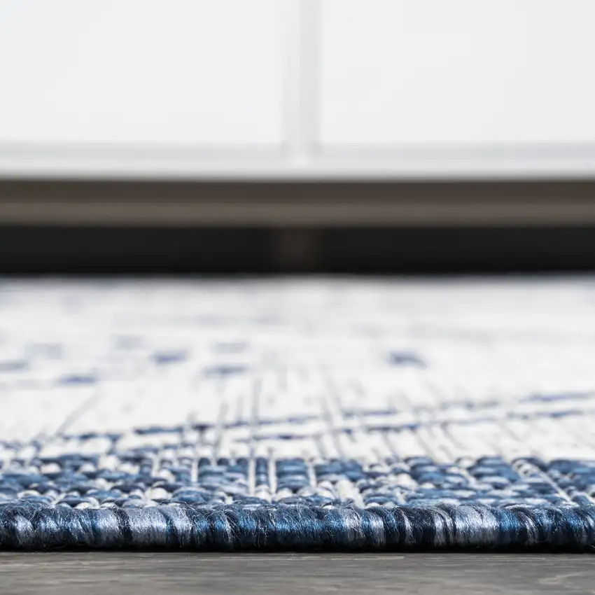 8' Ivory And Blue Moroccan Indoor Outdoor Runner Rug Photo 9