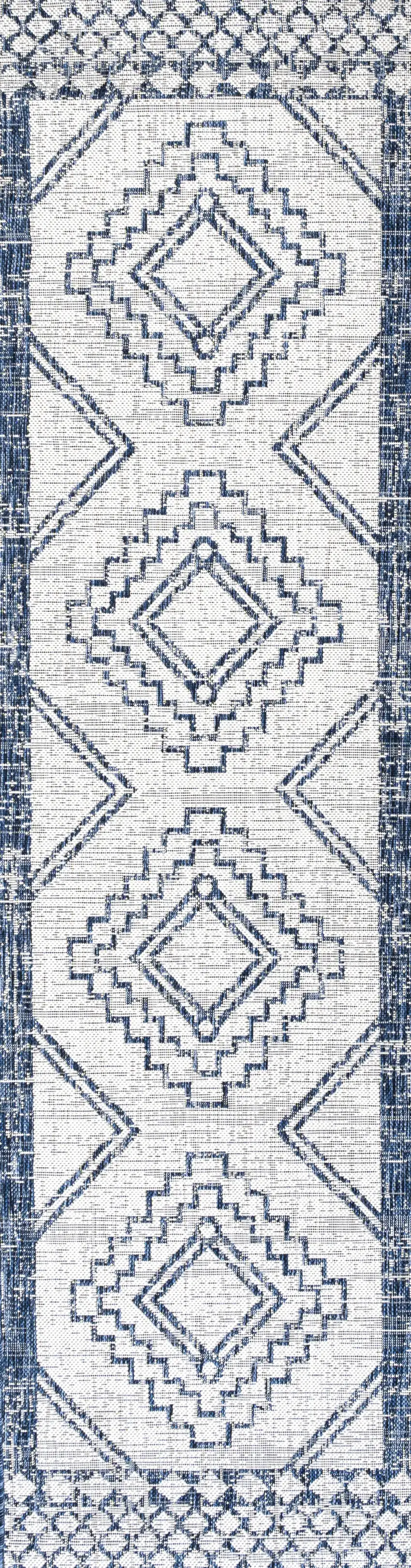 8' Ivory And Blue Moroccan Indoor Outdoor Runner Rug Photo 2