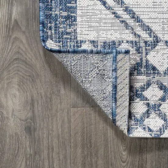 8' Ivory And Blue Moroccan Indoor Outdoor Runner Rug Photo 8