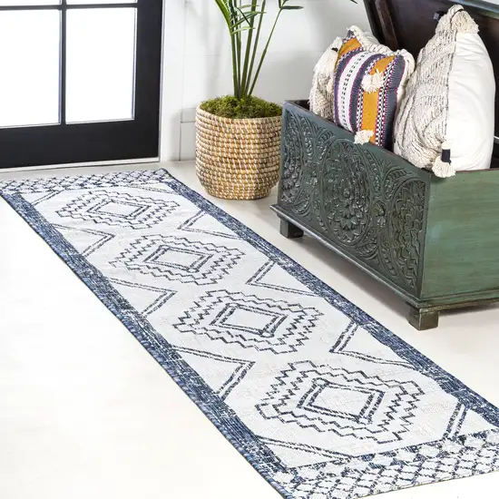 8' Ivory And Blue Moroccan Indoor Outdoor Runner Rug Photo 5