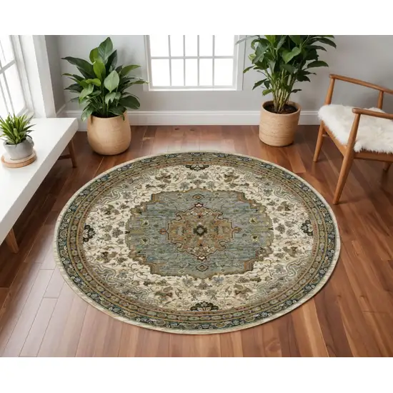 8' Ivory And Blue Oriental Round Rug Photo 1