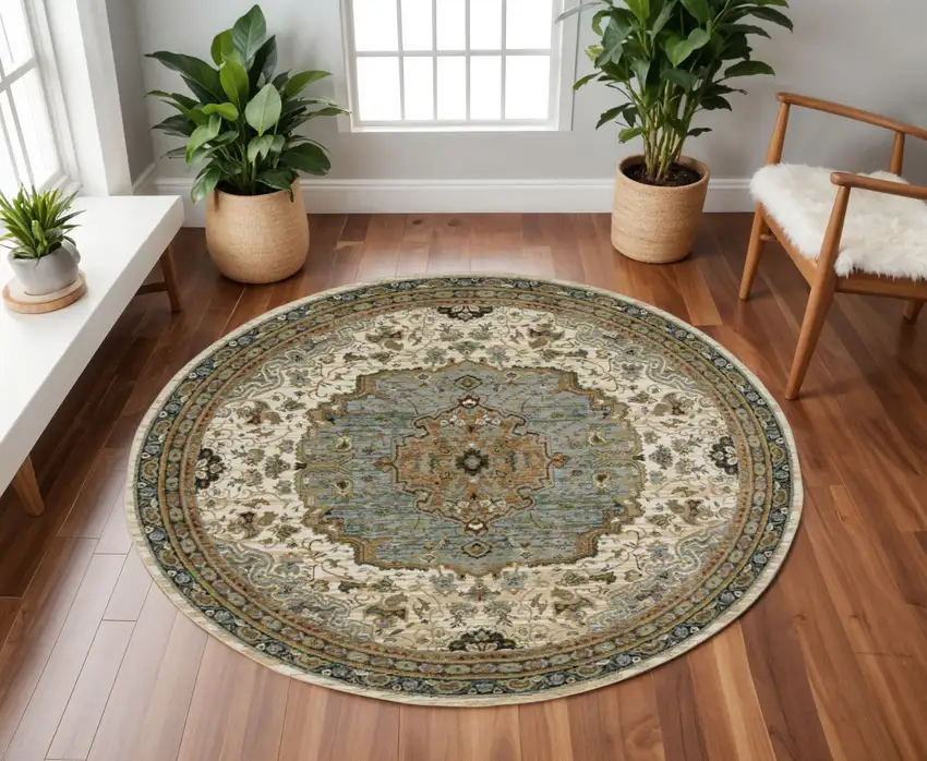8' Ivory And Blue Oriental Round Rug Photo 1
