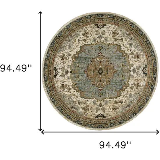 8' Ivory And Blue Oriental Round Rug Photo 8