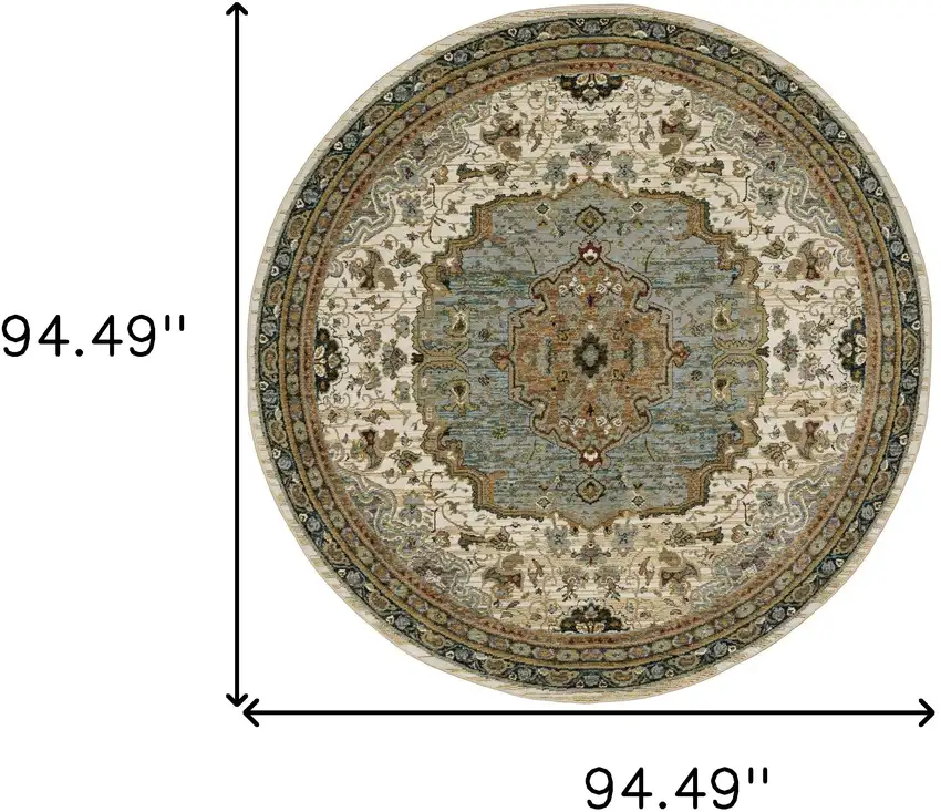 8' Ivory And Blue Oriental Round Rug Photo 8