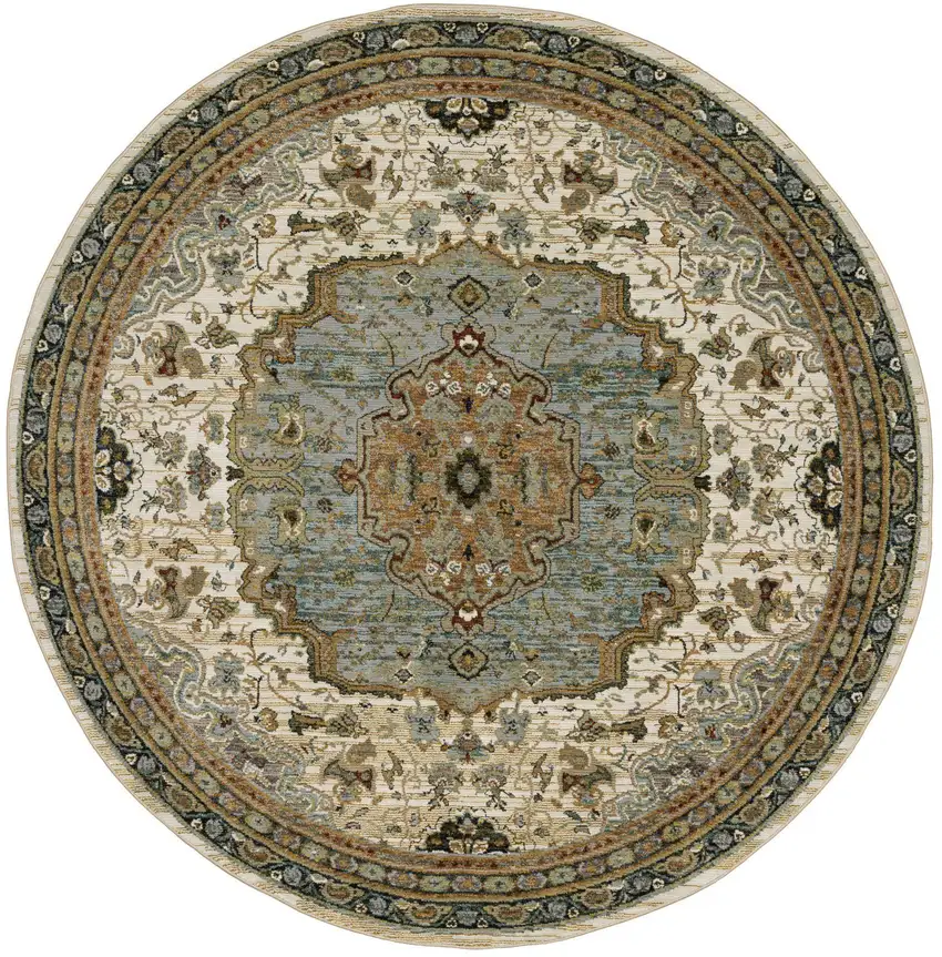 8' Ivory And Blue Oriental Round Rug Photo 2