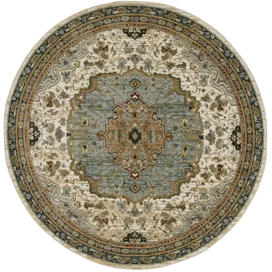 8' Ivory And Blue Oriental Round Rug Photo 2