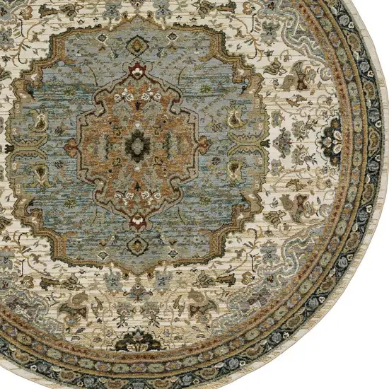 8' Ivory And Blue Oriental Round Rug Photo 4