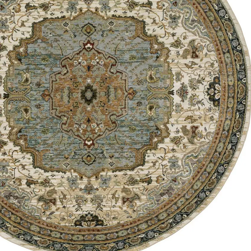 8' Ivory And Blue Oriental Round Rug Photo 4