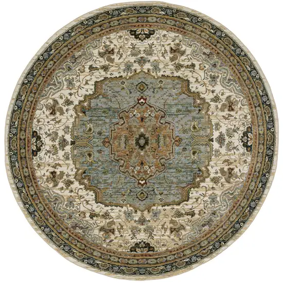 8' Ivory And Blue Oriental Round Rug Photo 3