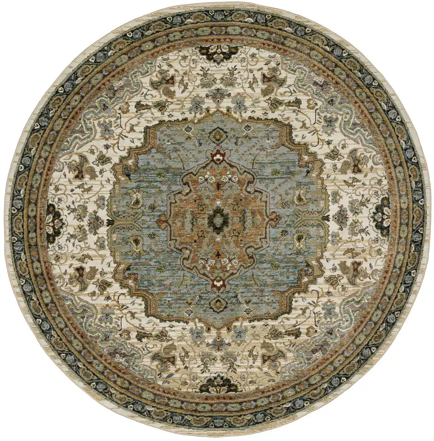 8' Ivory And Blue Oriental Round Rug Photo 3