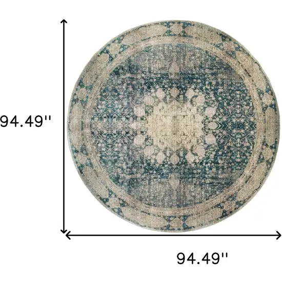 8' Ivory And Blue Oriental Round Rug Photo 3