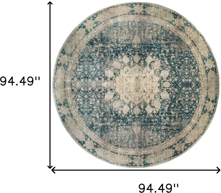 8' Ivory And Blue Oriental Round Rug Photo 3