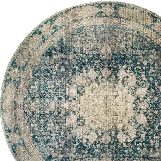 8' Ivory And Blue Oriental Round Rug Photo 5