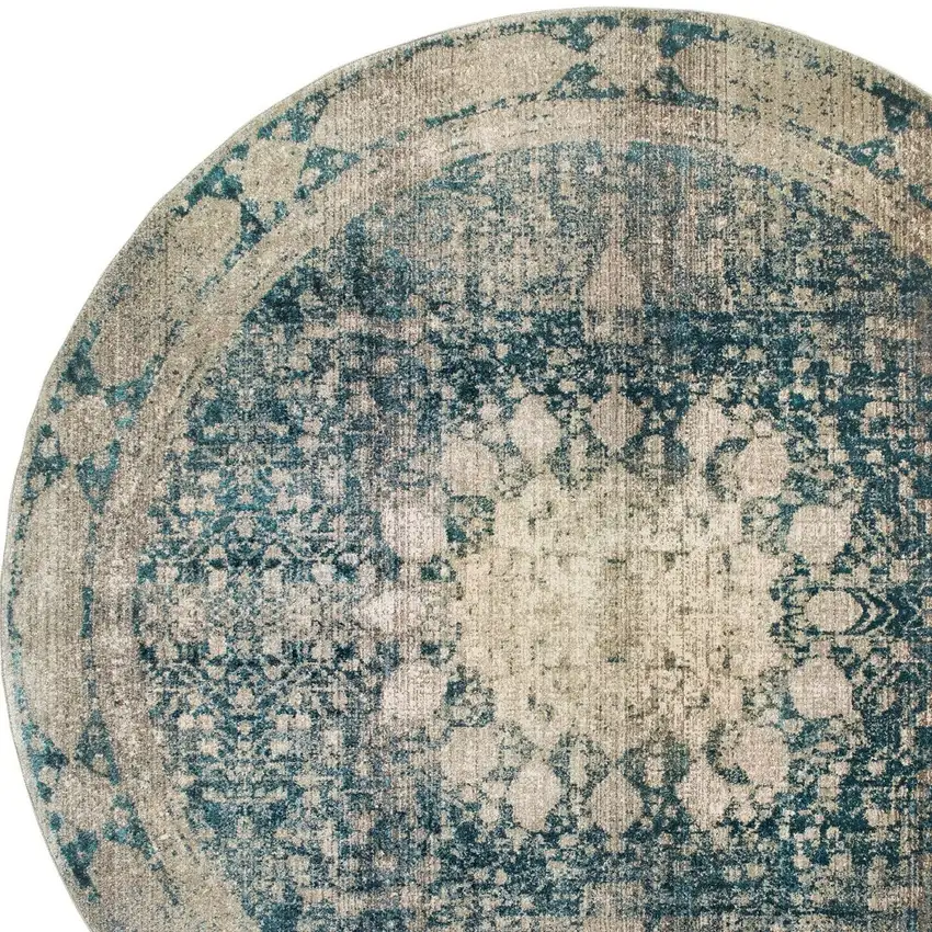 8' Ivory And Blue Oriental Round Rug Photo 5