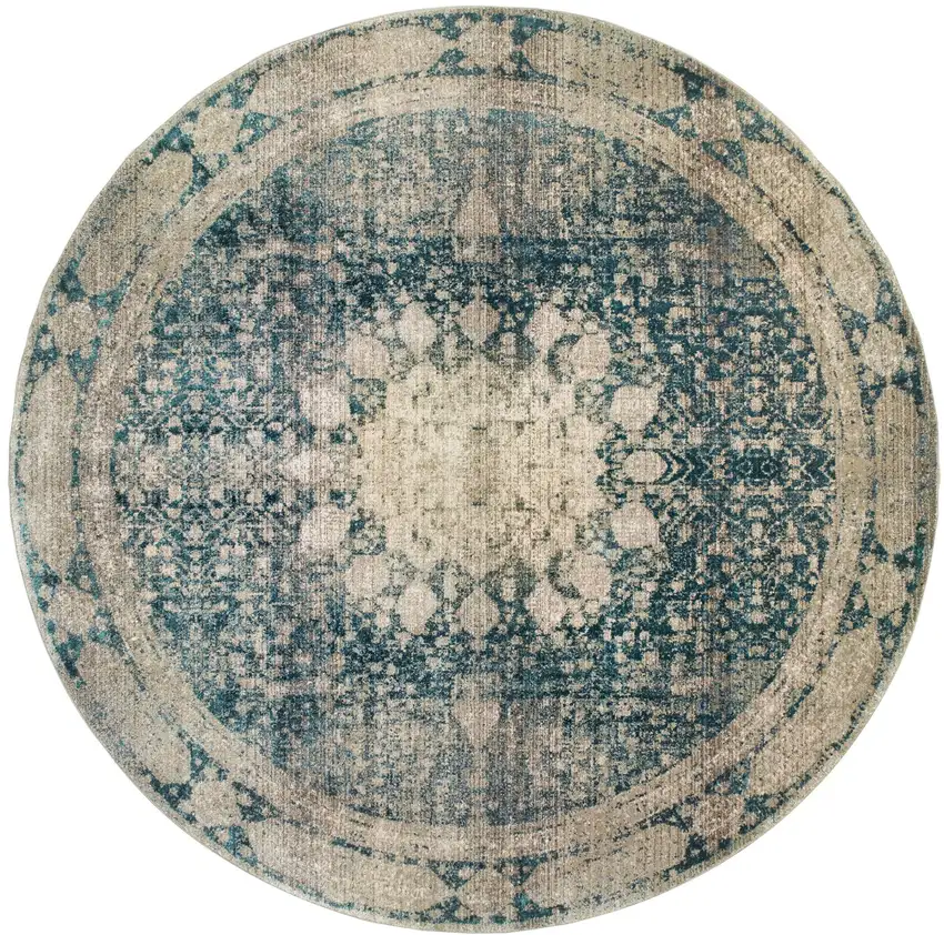 8' Ivory And Blue Oriental Round Rug Photo 2