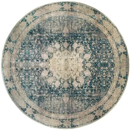 8' Ivory And Blue Oriental Round Rug Photo 2
