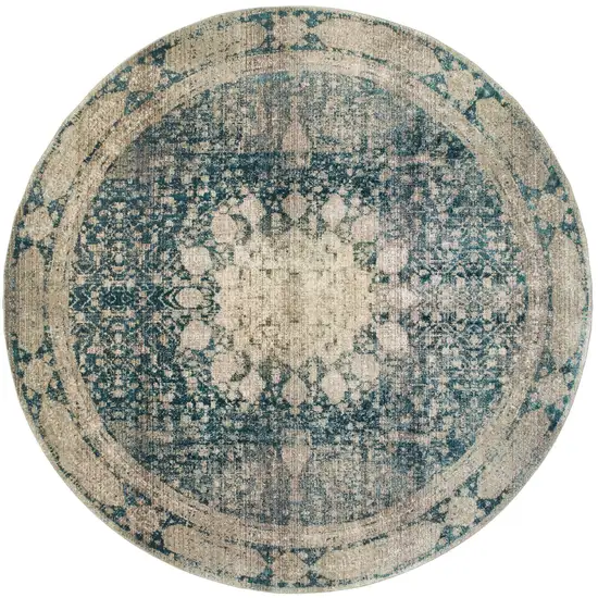 8' Ivory And Blue Oriental Round Rug Photo 4