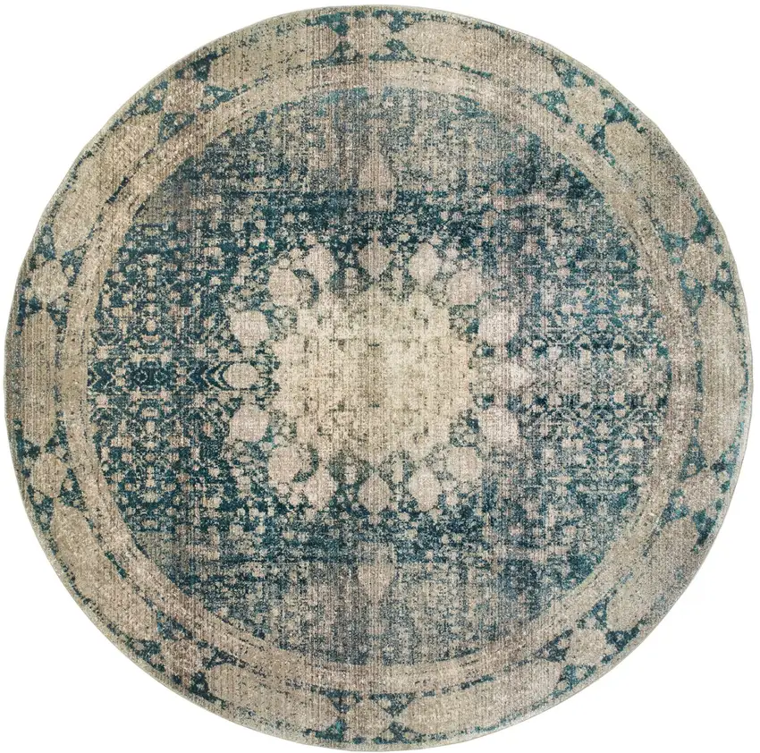 8' Ivory And Blue Oriental Round Rug Photo 4