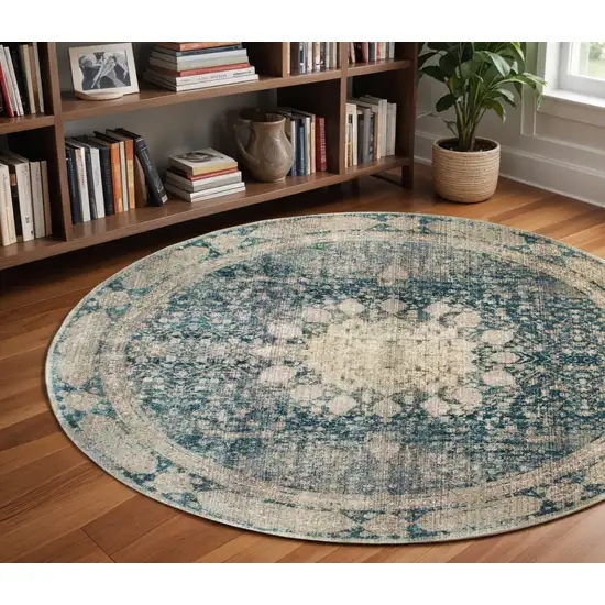 8' Ivory And Blue Oriental Round Rug Photo 1