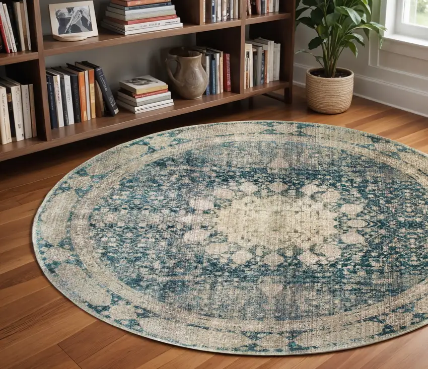 8' Ivory And Blue Oriental Round Rug Photo 1