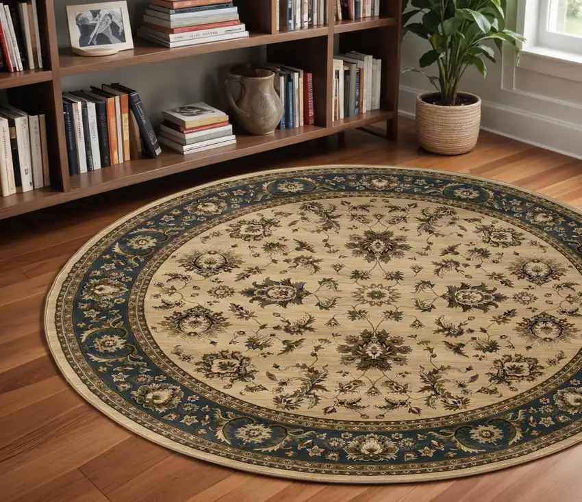 8' Ivory And Blue Oriental Round Rug Photo 1