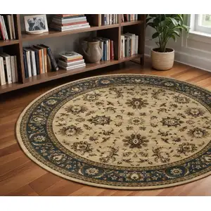 Photo of 8' Ivory And Blue Oriental Round Rug