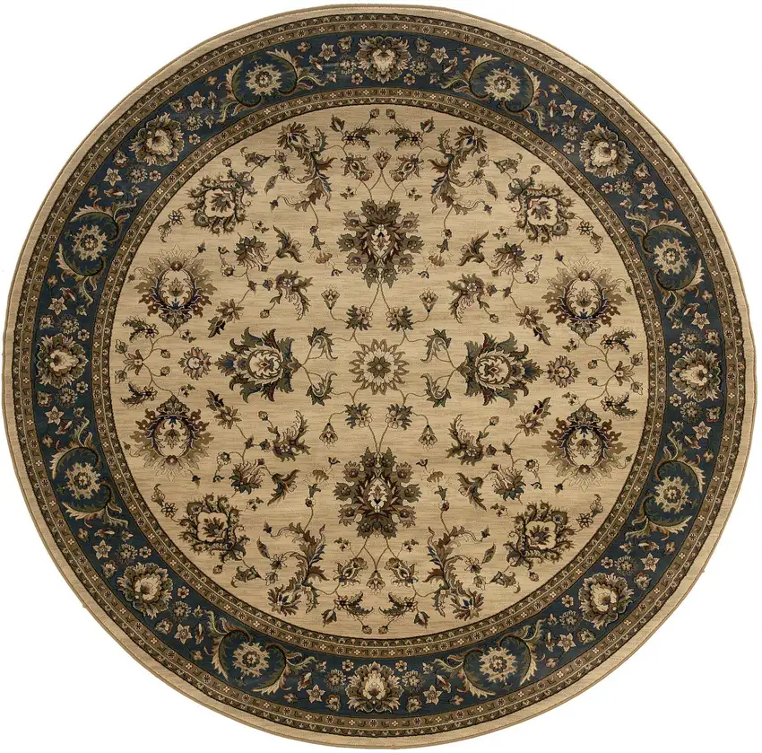 8' Ivory And Blue Oriental Round Rug Photo 4