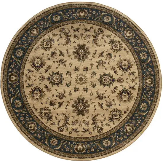 8' Ivory And Blue Oriental Round Rug Photo 4