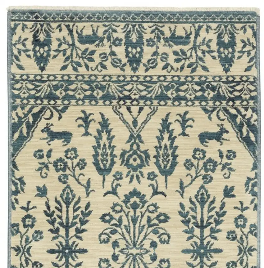 8' Ivory And Blue Oriental Runner Rug With Fringe Photo 5