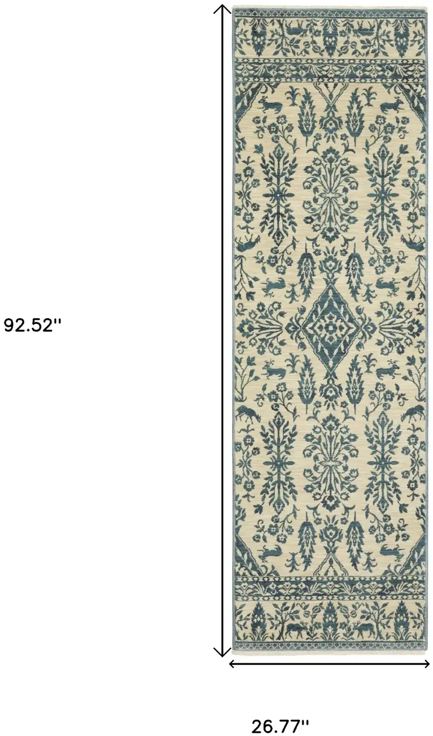8' Ivory And Blue Oriental Runner Rug With Fringe Photo 3