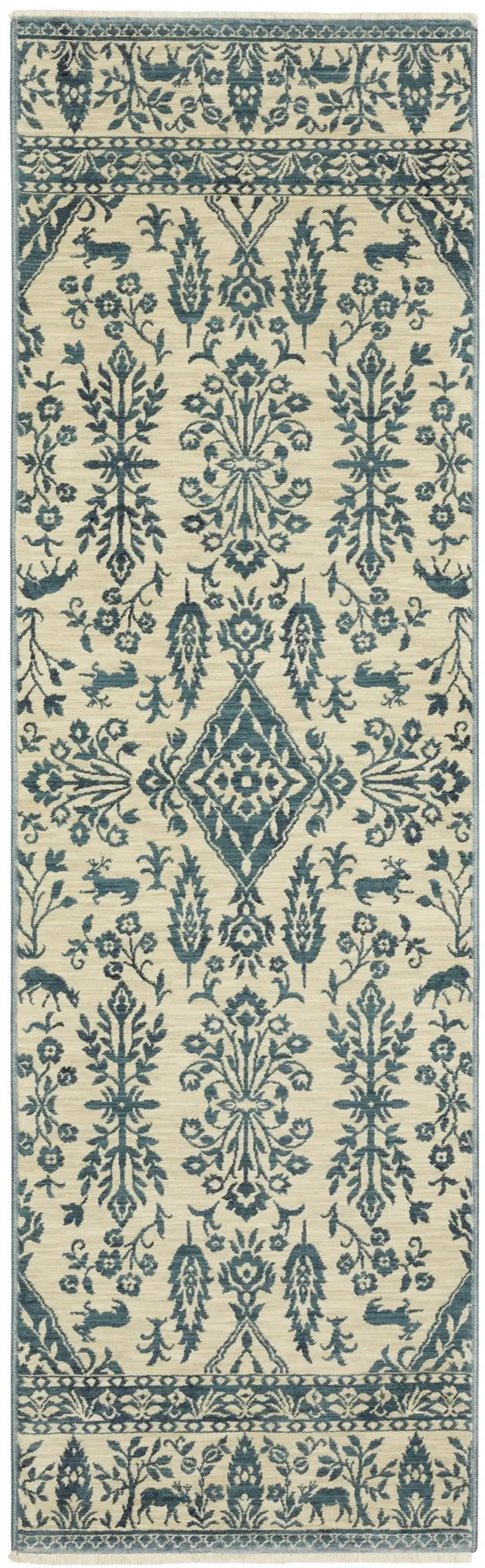 8' Ivory And Blue Oriental Runner Rug With Fringe Photo 2