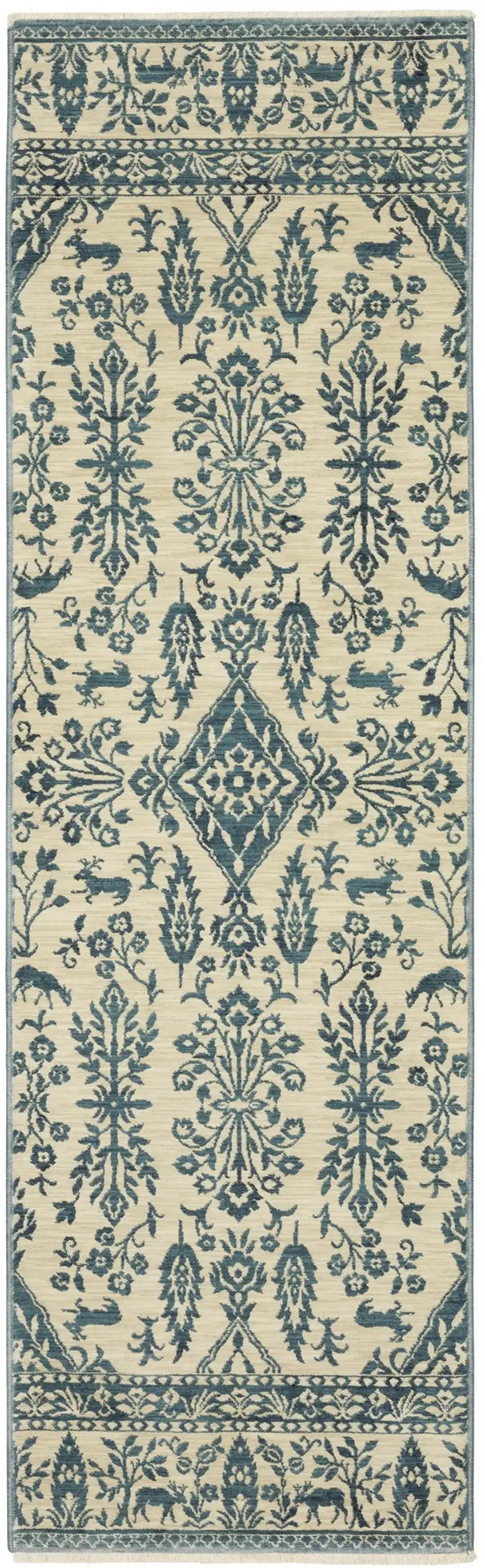 8' Ivory And Blue Oriental Runner Rug With Fringe Photo 6