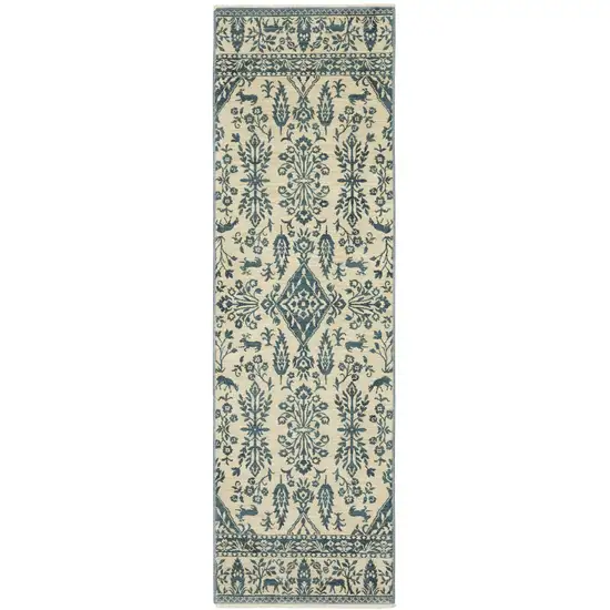 8' Ivory And Blue Oriental Runner Rug With Fringe Photo 6