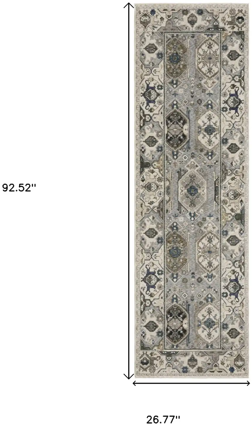 8' Ivory And Blue Oriental Runner Rug With Fringe Photo 3