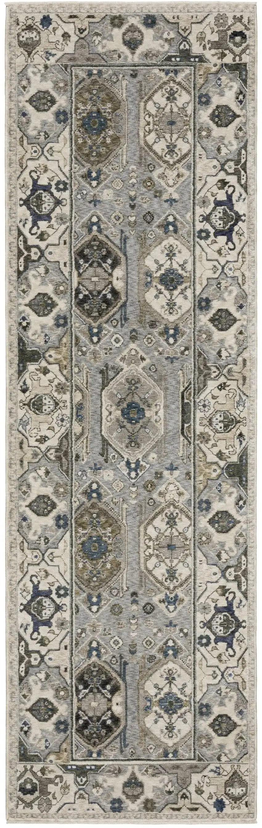 8' Ivory And Blue Oriental Runner Rug With Fringe Photo 2