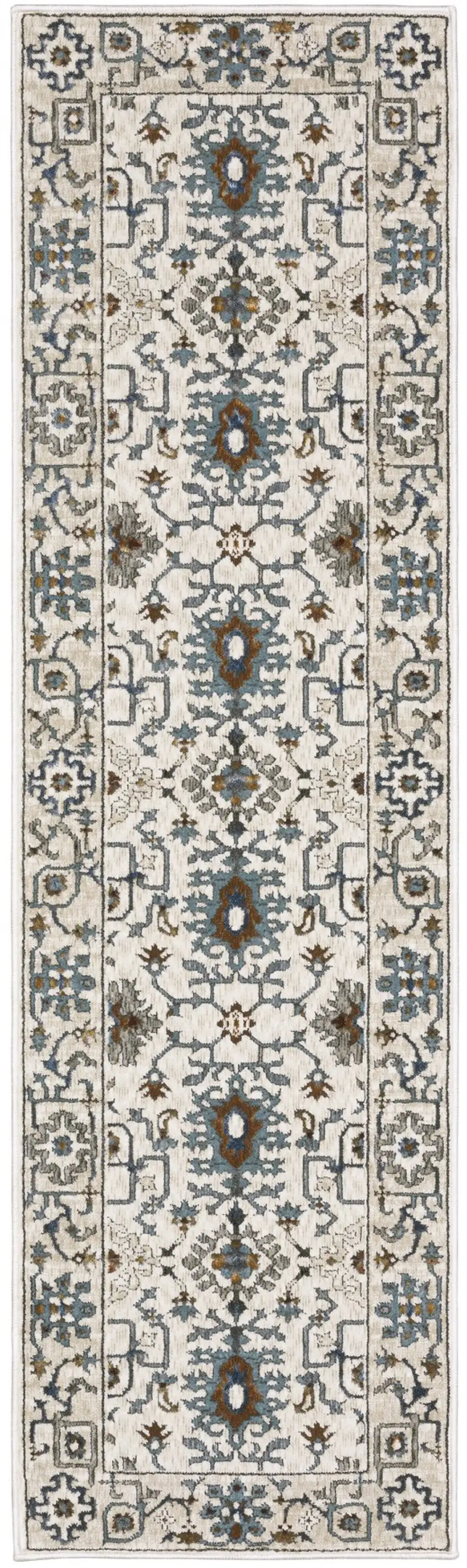 8' Ivory And Blue Oriental Runner Rug Photo 2