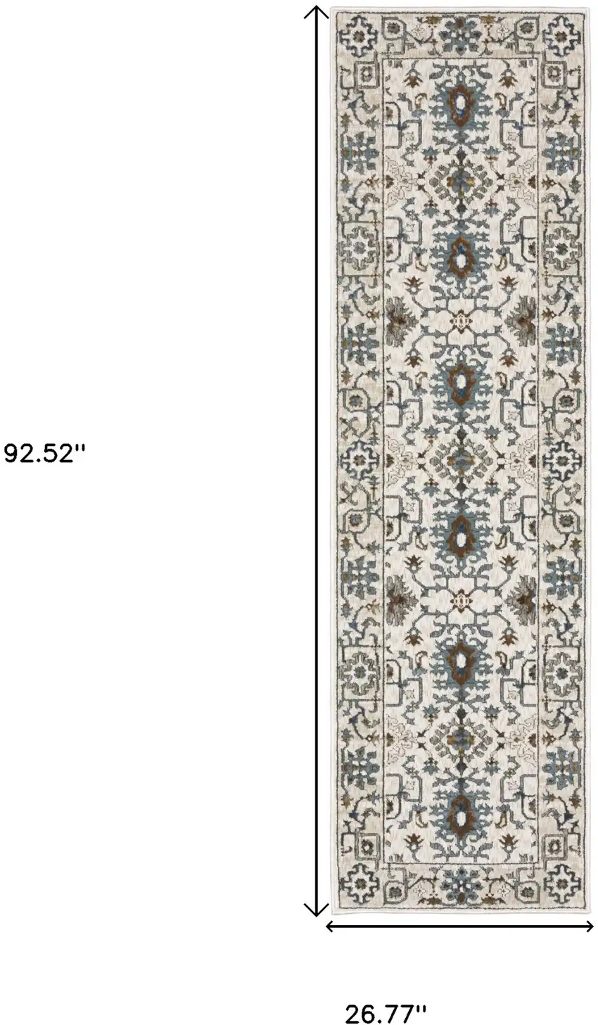8' Ivory And Blue Oriental Runner Rug Photo 3