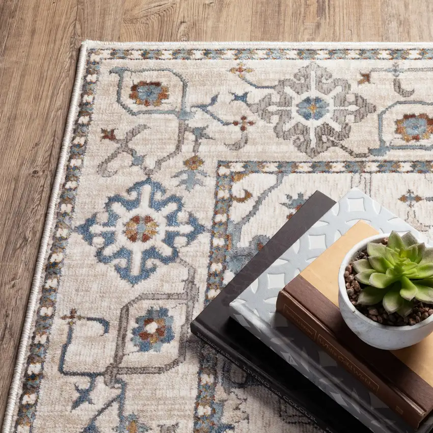 8' Ivory And Blue Oriental Runner Rug Photo 9