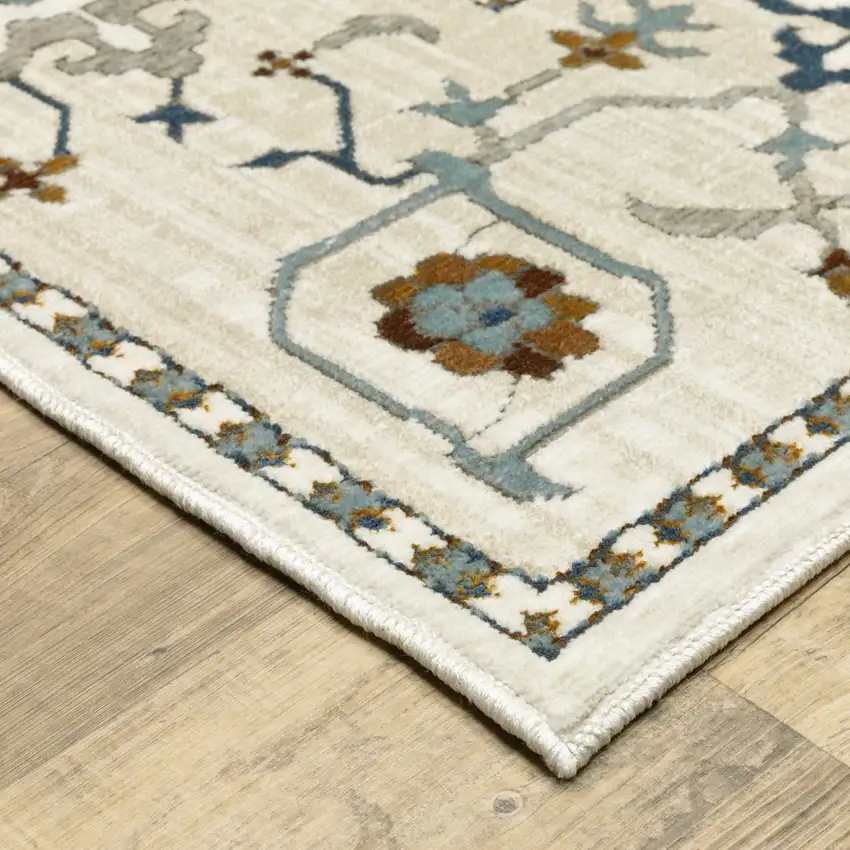 8' Ivory And Blue Oriental Runner Rug Photo 9