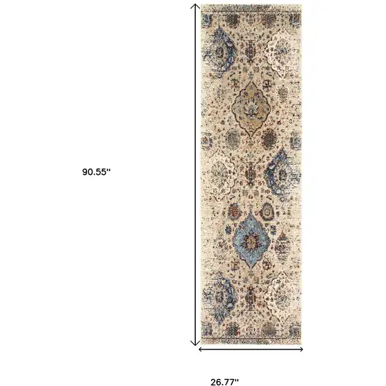 8' Ivory And Blue Oriental Runner Rug Photo 3