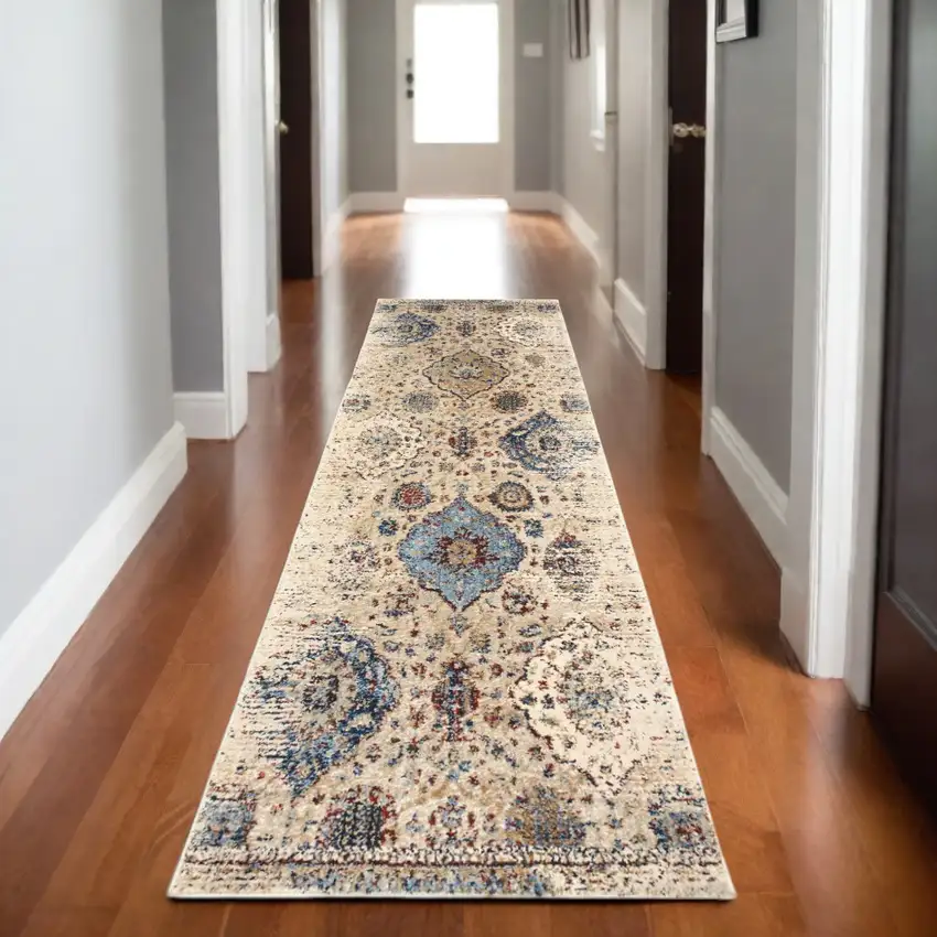8' Ivory And Blue Oriental Runner Rug Photo 1
