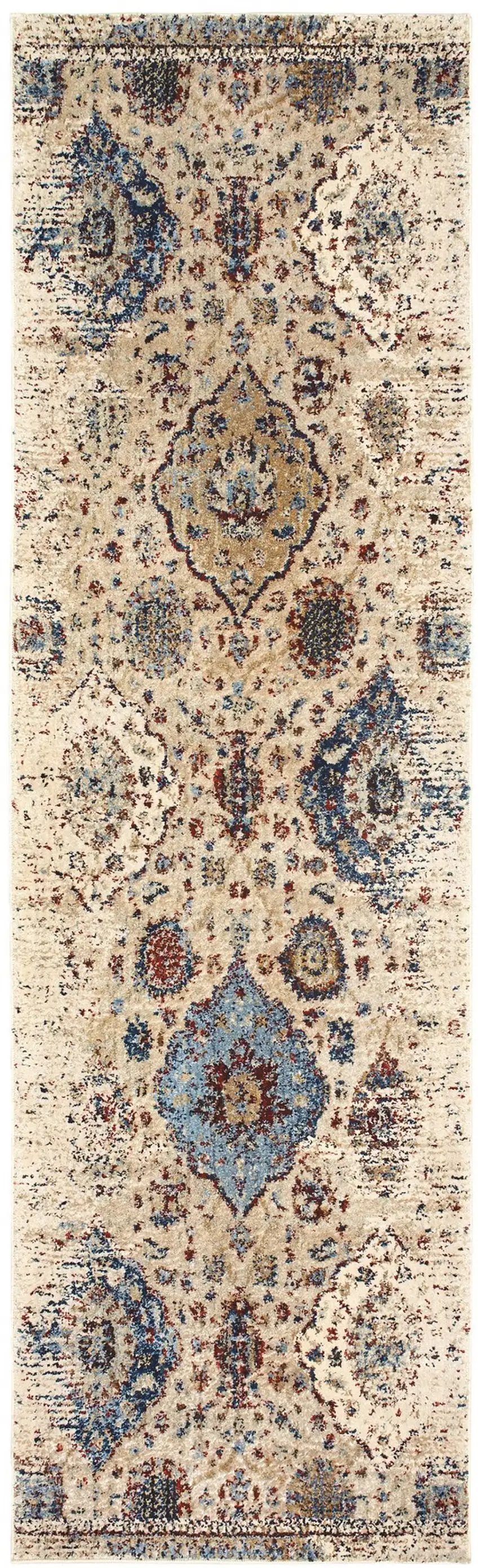 8' Ivory And Blue Oriental Runner Rug Photo 2