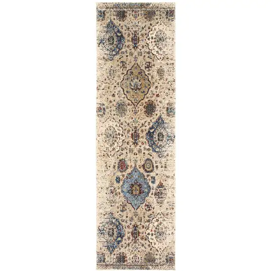 8' Ivory And Blue Oriental Runner Rug Photo 2