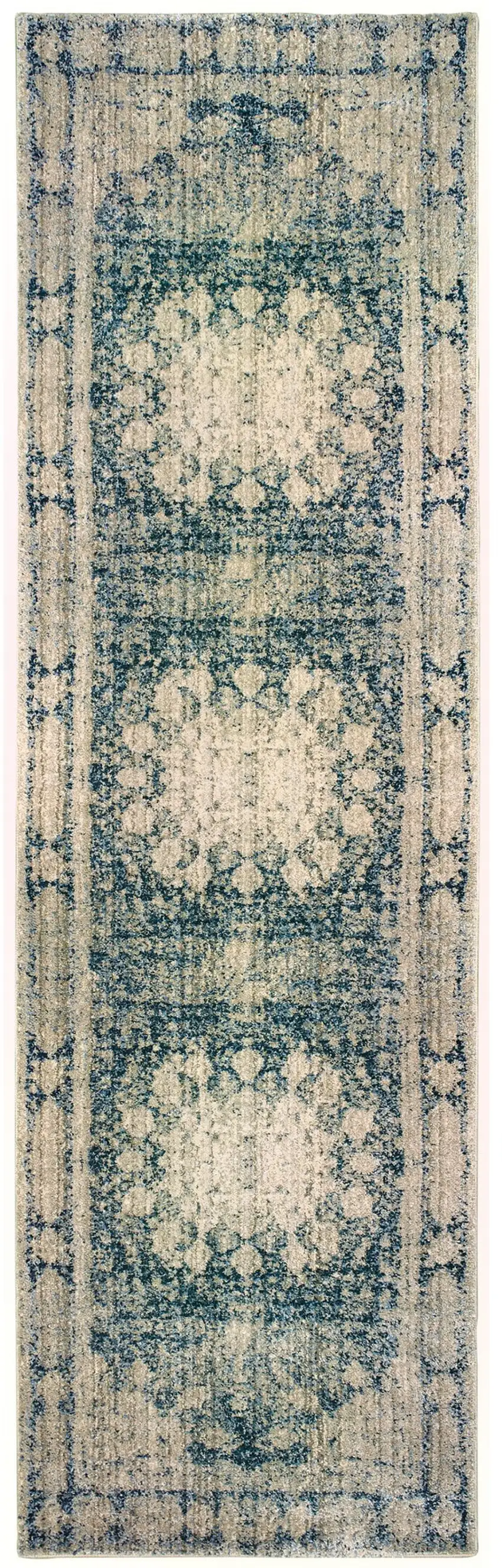 8' Ivory And Blue Oriental Runner Rug Photo 4