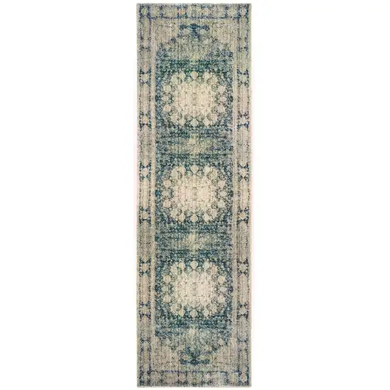 8' Ivory And Blue Oriental Runner Rug Photo 4
