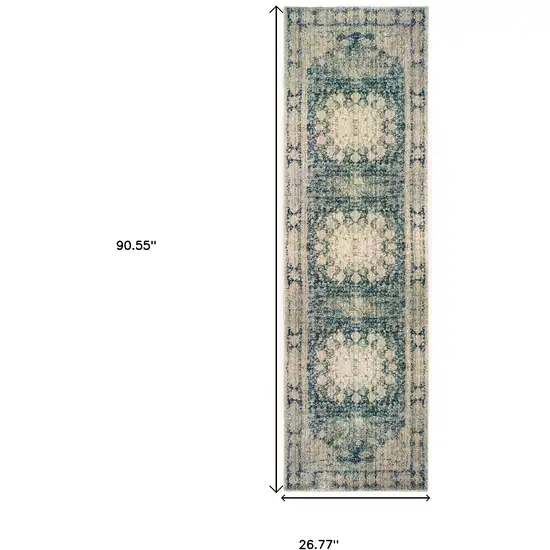 8' Ivory And Blue Oriental Runner Rug Photo 3