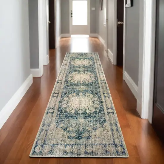 8' Ivory And Blue Oriental Runner Rug Photo 1