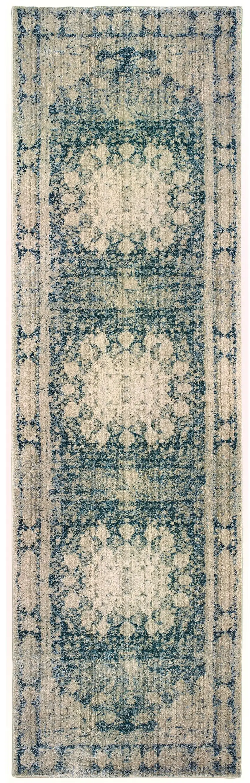 8' Ivory And Blue Oriental Runner Rug Photo 2