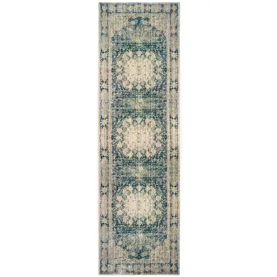8' Ivory And Blue Oriental Runner Rug Photo 2