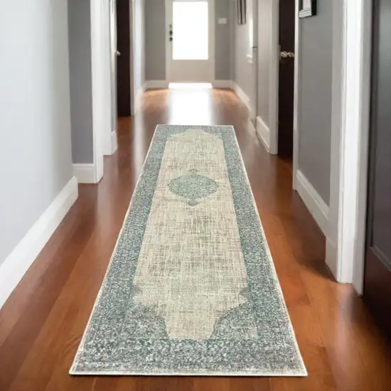 8' Ivory And Blue Oriental Runner Rug Photo 1